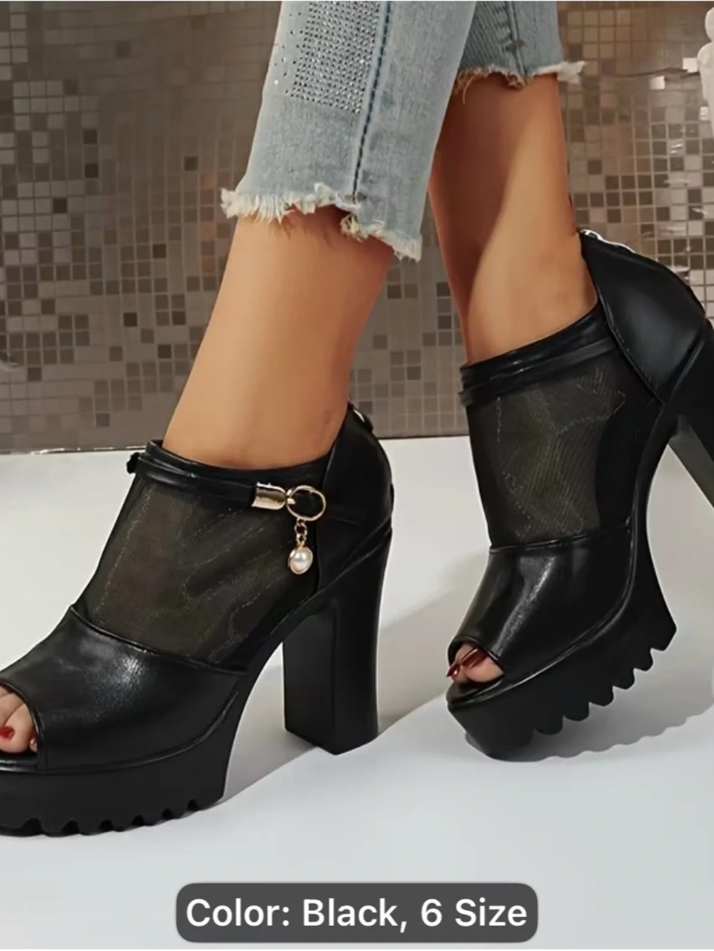 Women’s Black Peep-Toe Platform Heels with Mesh Inset